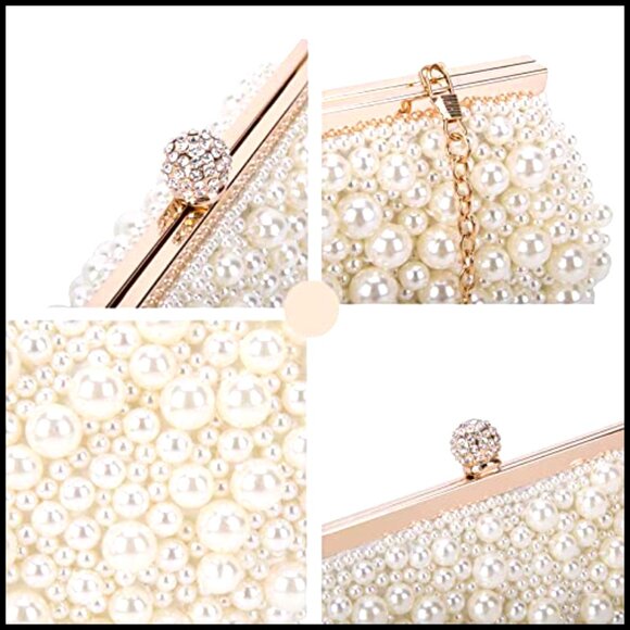 Elegant Pearl Beaded Evening Clutch Purse with Removable Chains Formal Party